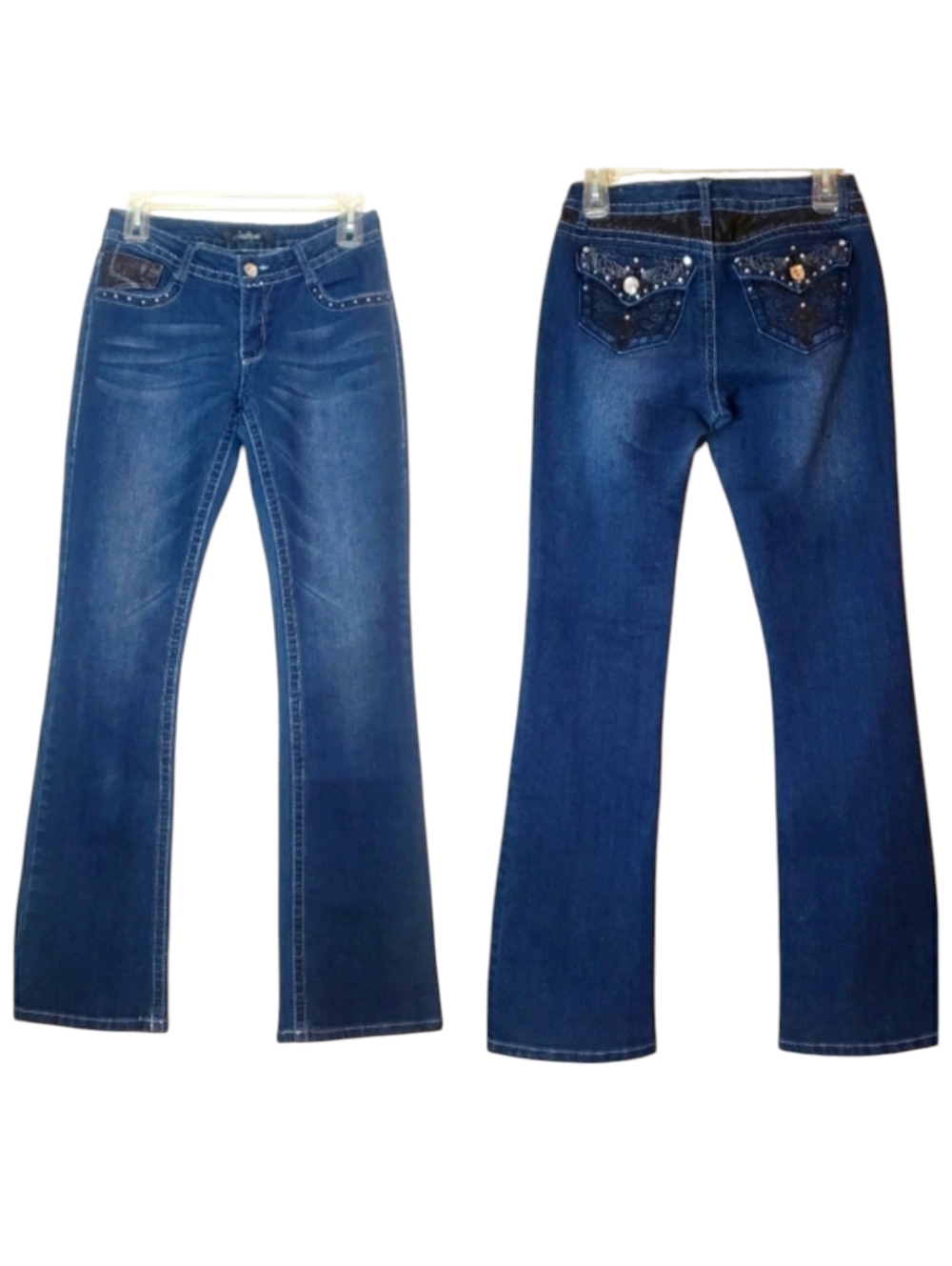 Southpole Blue Denim Black Faux Leather Beaded Jeans